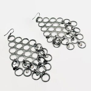 Vintage Silver Tone Waterfall Design Dangle Earrings W/ Black and Silver Rings